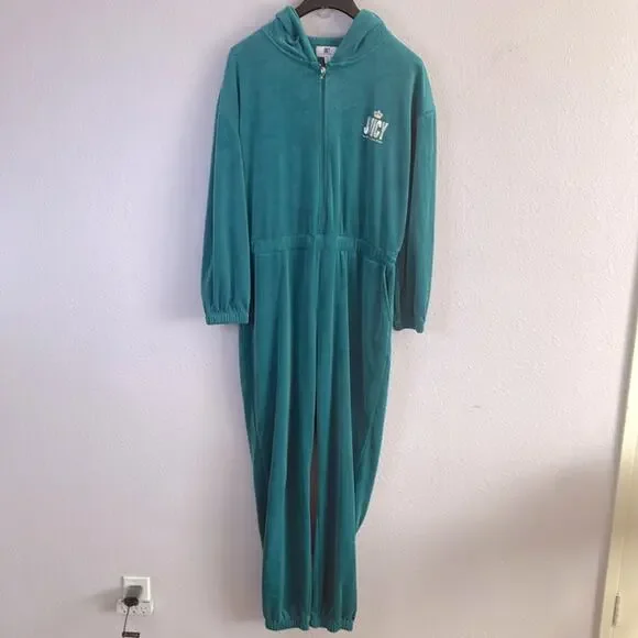 Juicy Couture Women Teal Velour Velvet Jumpsuit with Hoodie Size XL - Picture 3 of 12
